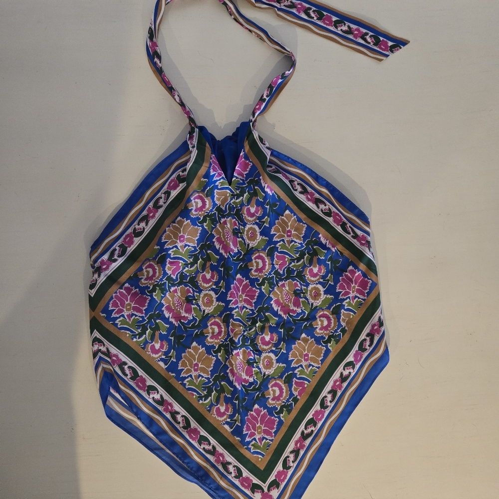 Veronica Beard Blue and Pink Floral Halter Top